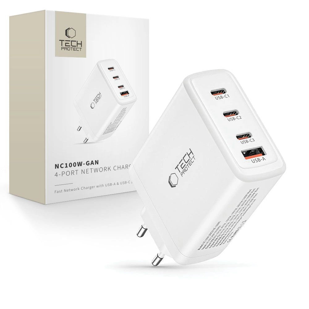 Tech-Protect NC100W-GAN GaN-Netzwerkladegerät 3x USB-C PD 100W / USB-A QC 3.0 - Weiß