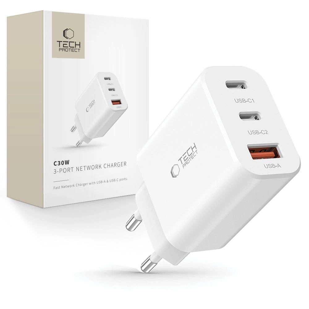 Tech-Protect NC30W Netzwerkladegerät 2x USB-C PD 30W / USB-A QC 3.0 - Weiß