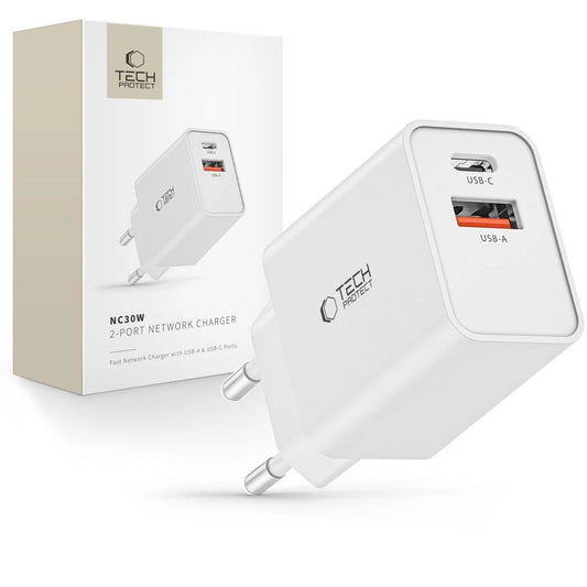 Tech-Protect NC30W USB-C PD 30W / USB-A QC 3.0 Netzwerkladegerät – Weiß