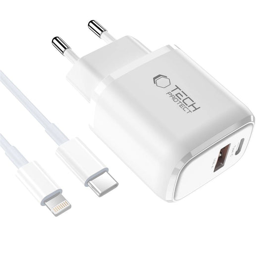 Tech-Protect NCA20 PD 20W QC3.0 USB-A / USB-C Wandladegerät + USB-C / Lightning Kabel 100cm - Weiß