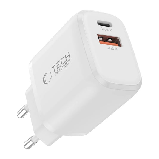Tech-Protect NCA20 PD 20W QC3.0 USB-A / USB-C Wandladegerät + USB-C / USB-C Kabel 100cm - Weiß
