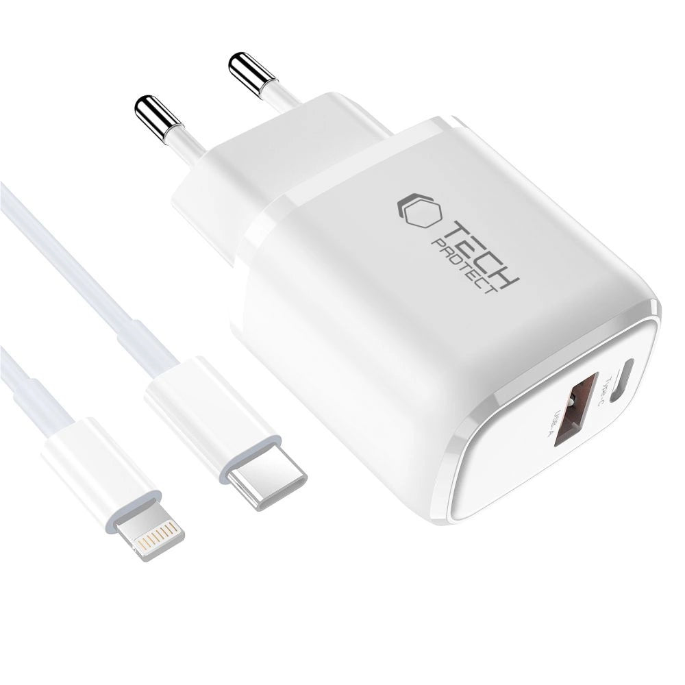 Tech-Protect NCA30 PD 30W QC3.0 USB-A / USB-C Wandladegerät + USB-C / Lightning Kabel 100cm - Weiß
