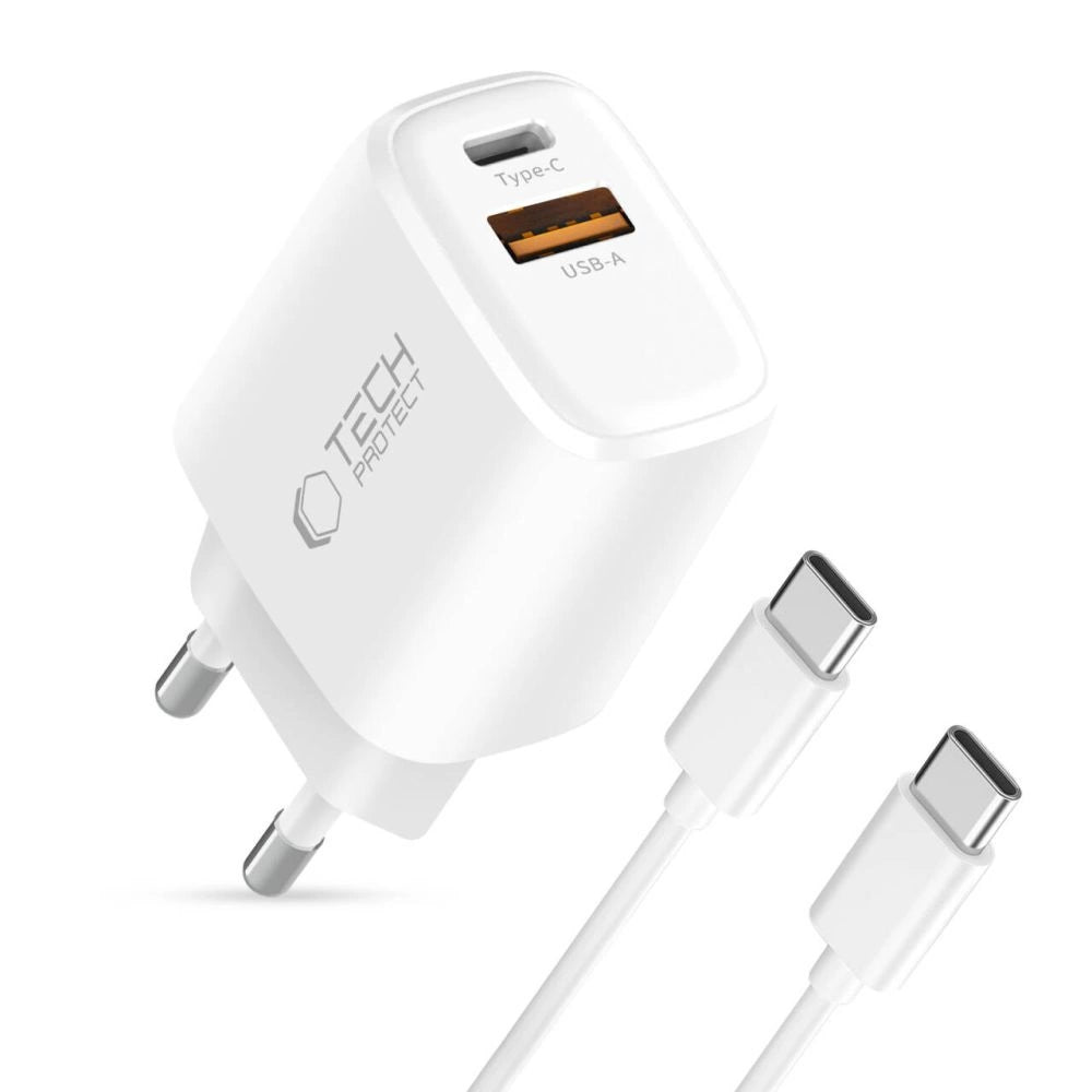 Tech-Protect NCA30 PD 30W QC3.0 USB-A / USB-C Wandladegerät + USB-C / USB-C Kabel 100cm - Weiß