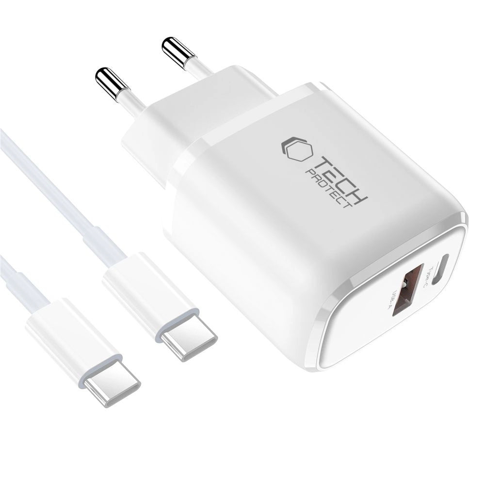 Tech-Protect NCA30 PD 30W QC3.0 USB-A / USB-C Wandladegerät + USB-C / USB-C Kabel 100cm - Weiß