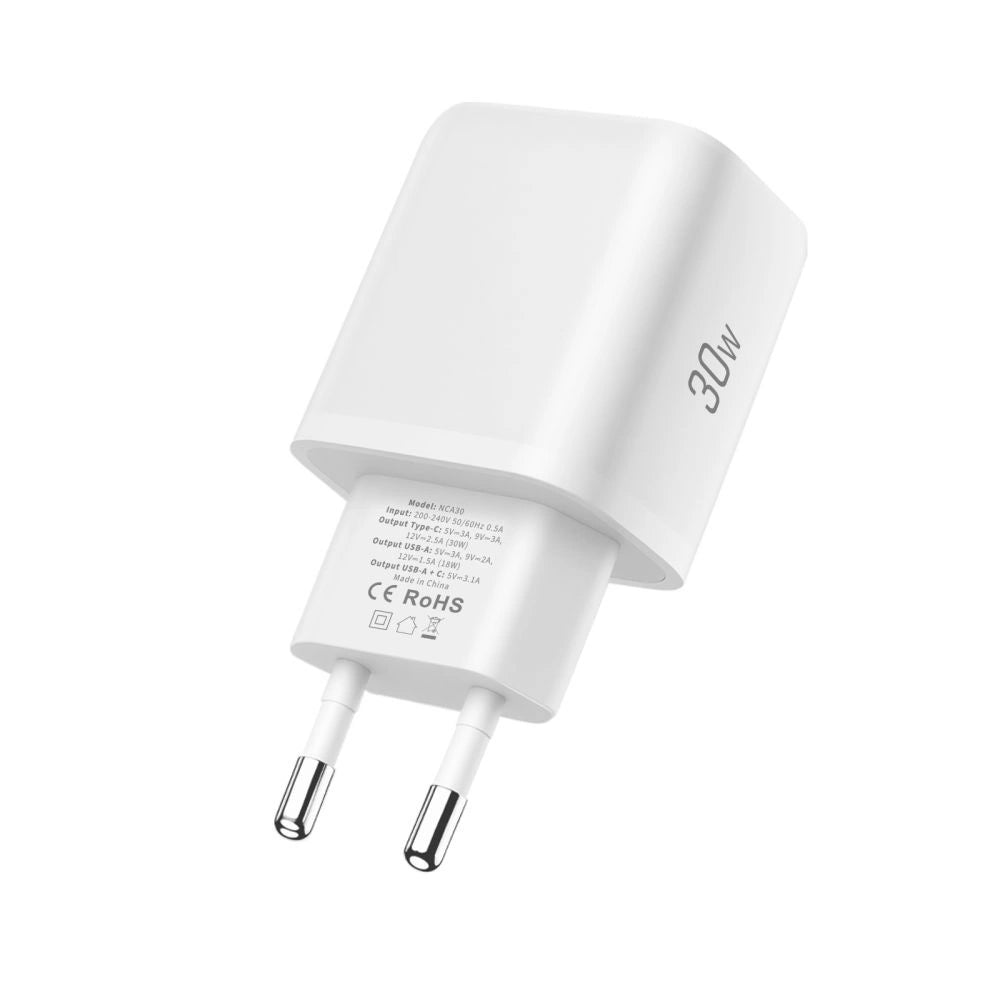Tech-Protect NCA30 PD 30W QC3.0 USB-A / USB-C Wandladegerät + USB-C / USB-C Kabel 100cm - Weiß
