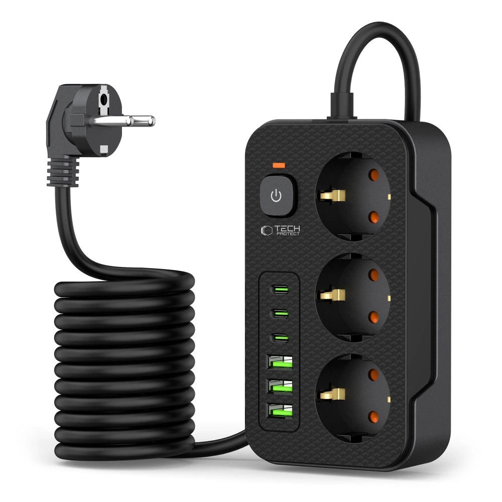 Tech-Protect PC3X6 Steckdosenleiste 3 Steckdosen 240V + 3xUSB-A + 3xUSB-C 200cm - Schwarz