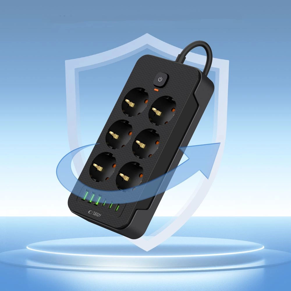 Tech-Protect PC6X6 Steckdosenleiste 6 Steckdosen 240V + 3xUSB-A + 3xUSB-C 200cm - Schwarz