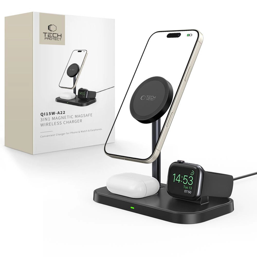 Tech-Protect QI15W-A22 induktives MagSafe-Ladegerät mit 3in1 MagSafe-Ständer für Smartphone / Apple Watch / AirPods – Schwarz