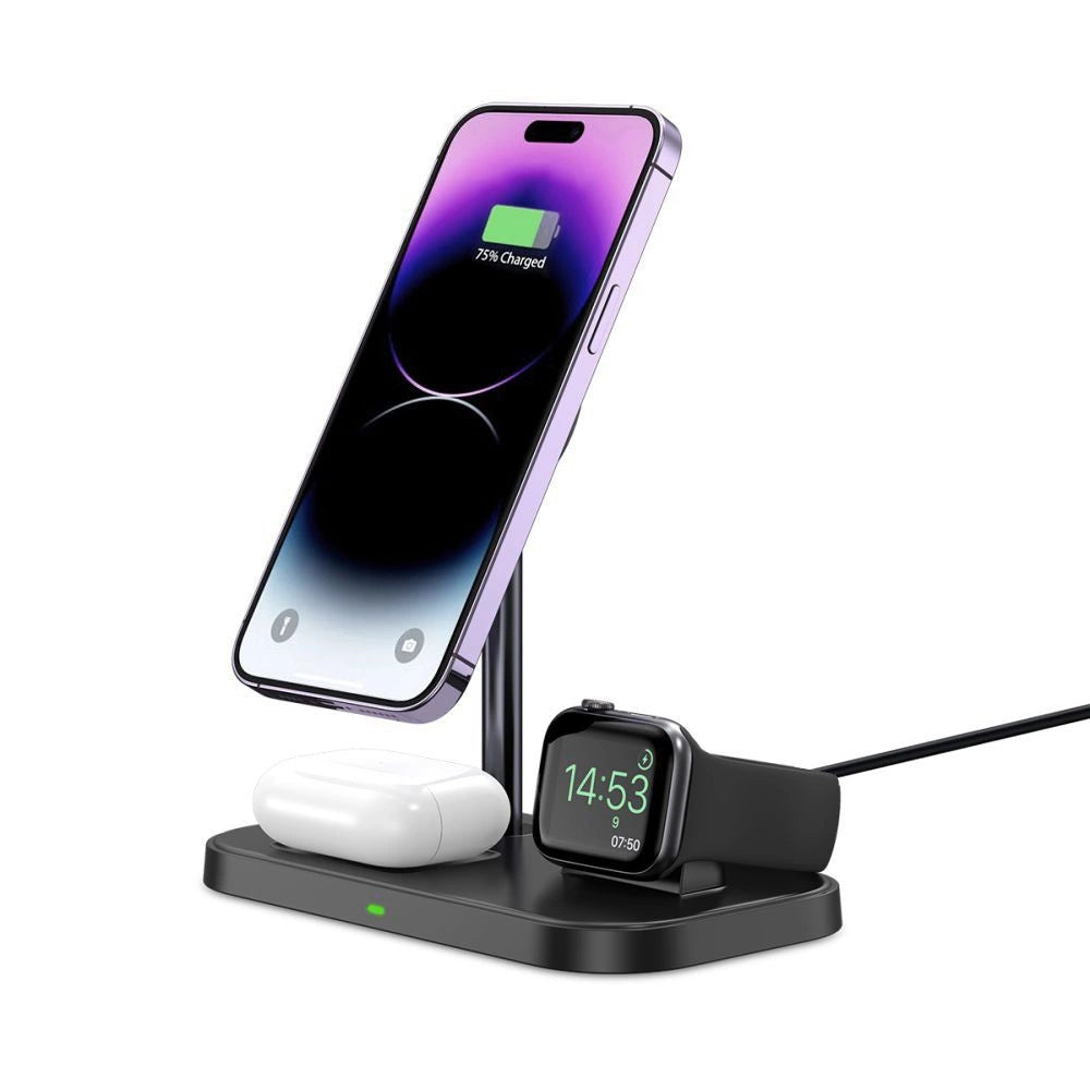 Tech-Protect QI15W-A22 induktives MagSafe-Ladegerät mit 3in1 MagSafe-Ständer für Smartphone / Apple Watch / AirPods – Schwarz