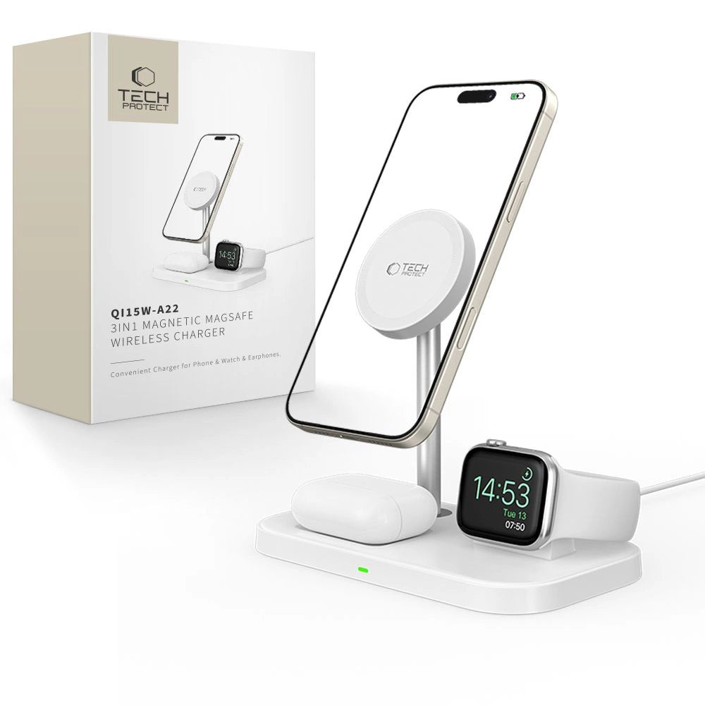 Tech-Protect QI15W-A22 induktives MagSafe-Ladegerät mit 3in1 MagSafe-Ständer für Smartphone / Apple Watch / AirPods – Weiß