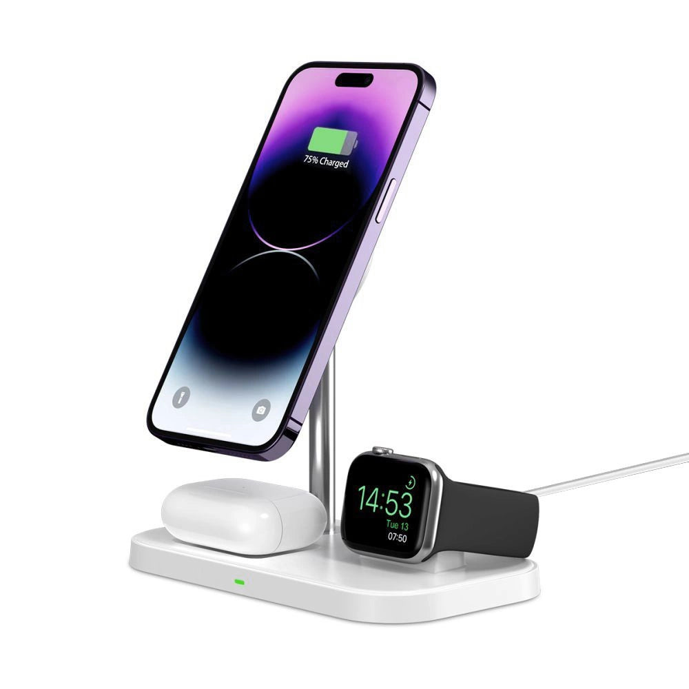 Tech-Protect QI15W-A22 induktives MagSafe-Ladegerät mit 3in1 MagSafe-Ständer für Smartphone / Apple Watch / AirPods – Weiß