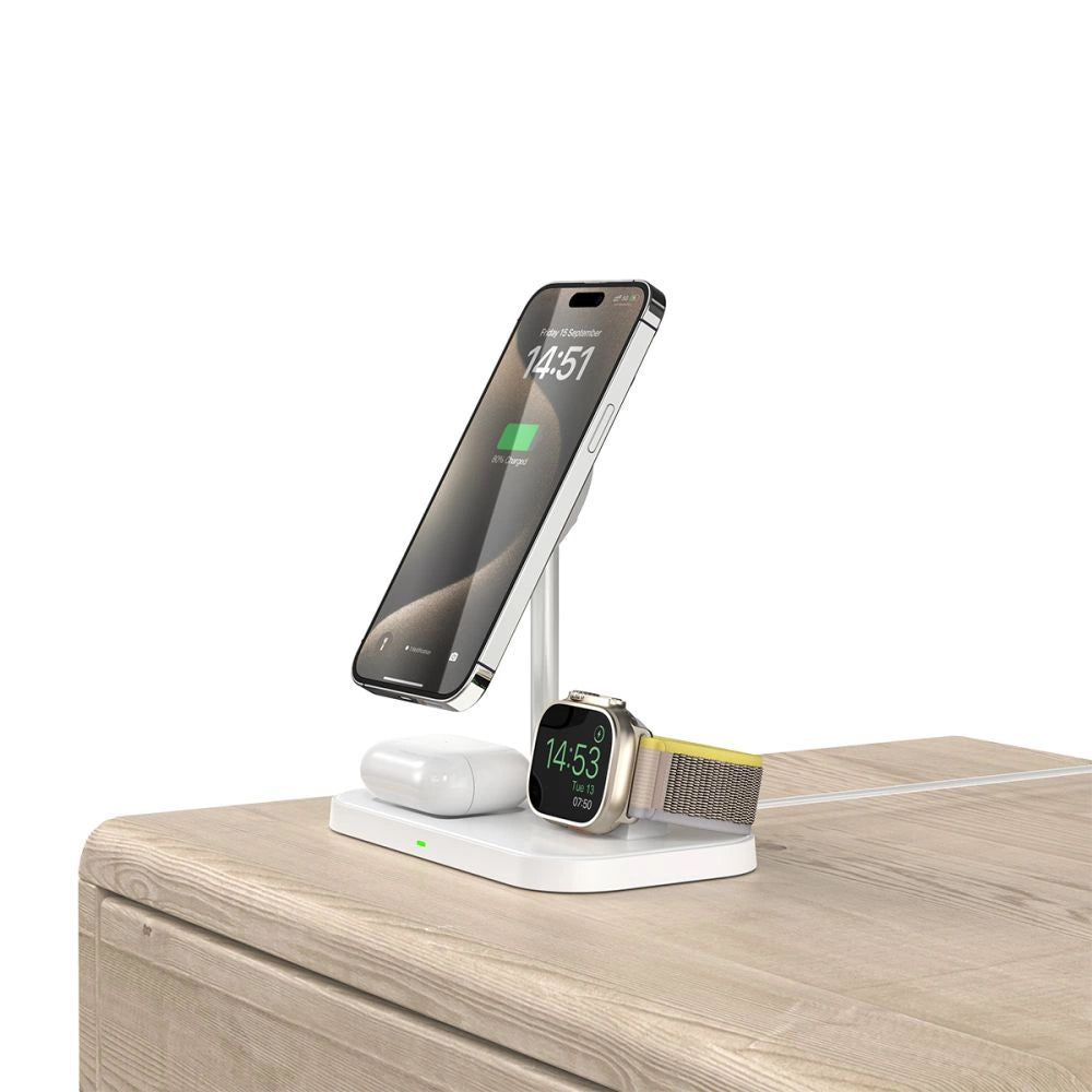 Tech-Protect QI15W-A22 induktives MagSafe-Ladegerät mit 3in1 MagSafe-Ständer für Smartphone / Apple Watch / AirPods – Weiß