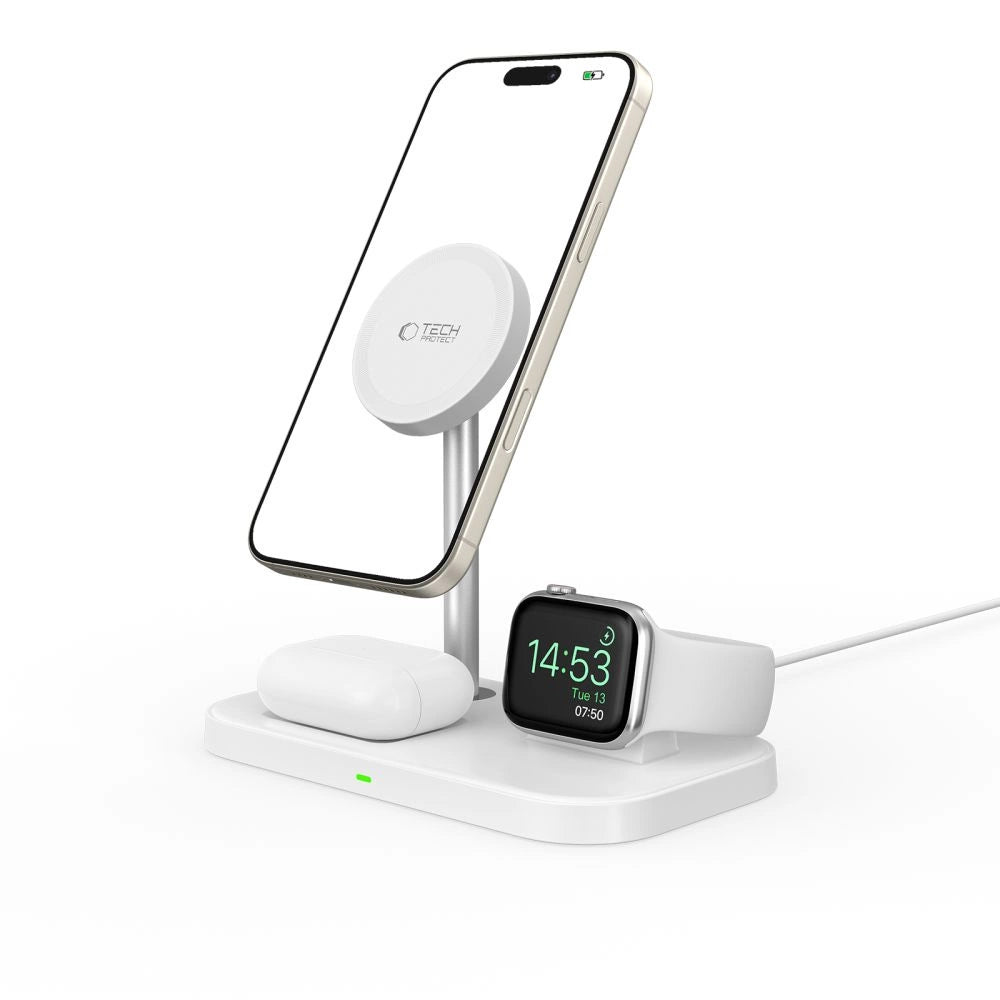 Tech-Protect QI15W-A22 induktives MagSafe-Ladegerät mit 3in1 MagSafe-Ständer für Smartphone / Apple Watch / AirPods – Weiß