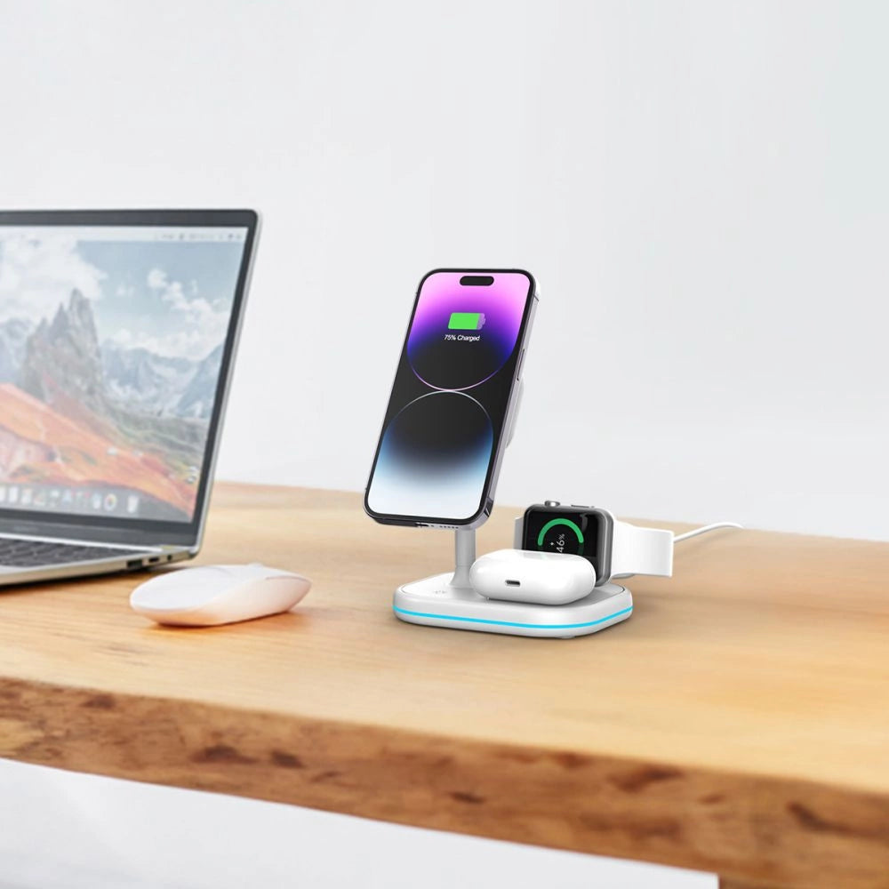 Tech-Protect QI15W-A27 3in1 induktives Ladegerät mit Ständer mit MagSafe für Smartphone / Apple Watch / AirPods – Weiß
