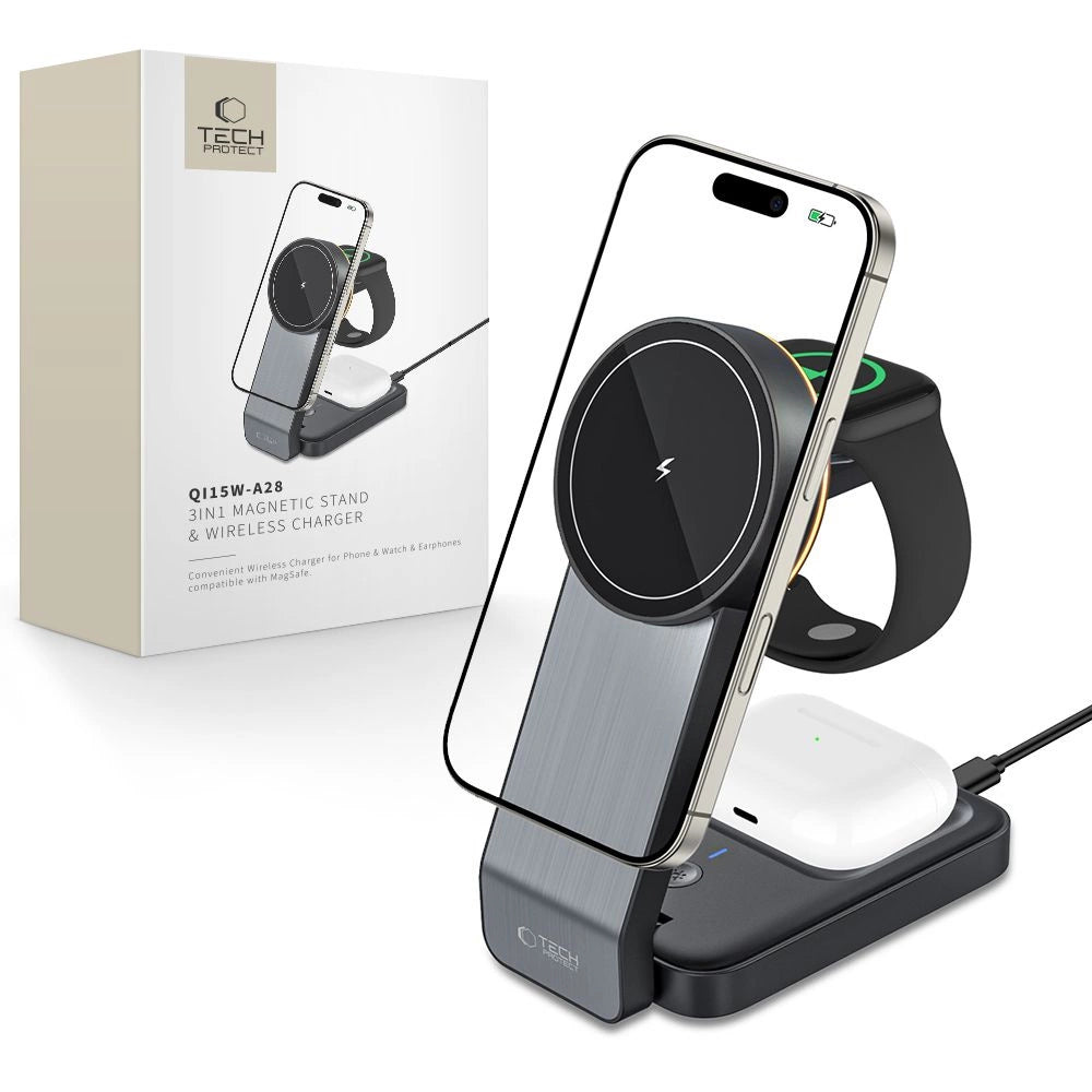 Tech-Protect QI15W-A28 induktives MagSafe 3in1 Ladegerät mit Ständer für Smartphone / Apple Watch / AirPods – Schwarz