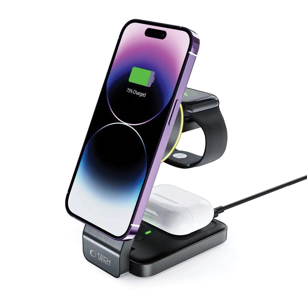 Tech-Protect QI15W-A28 induktives MagSafe 3in1 Ladegerät mit Ständer für Smartphone / Apple Watch / AirPods – Schwarz