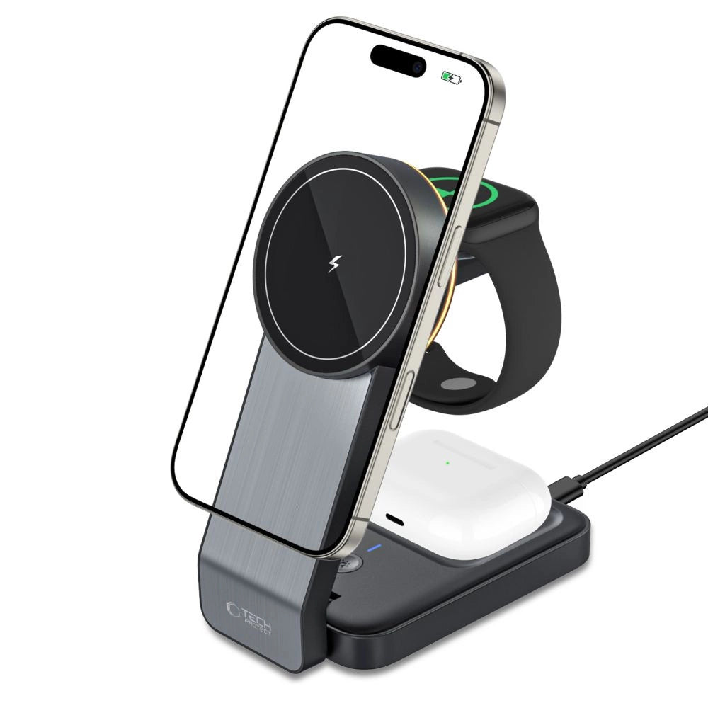 Tech-Protect QI15W-A28 induktives MagSafe 3in1 Ladegerät mit Ständer für Smartphone / Apple Watch / AirPods – Schwarz
