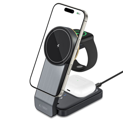 Tech-Protect QI15W-A28 induktives MagSafe 3in1 Ladegerät mit Ständer für Smartphone / Apple Watch / AirPods – Schwarz