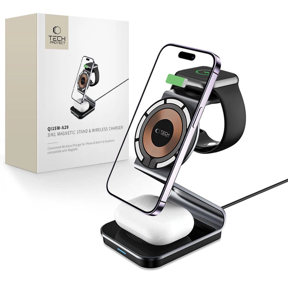 Tech-Protect QI15W-A29 3in1 induktives Ladegerät mit MagSafe für Smartphone / Apple Watch / AirPods – Schwarz