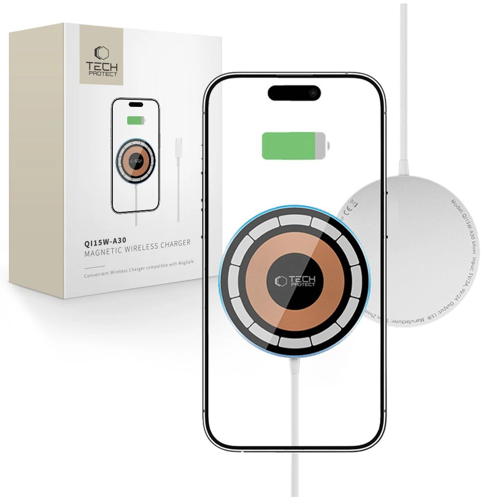 Tech-Protect QI15W-A30 induktives Ladegerät mit MagSafe mit USB-C-Kabel – Silber