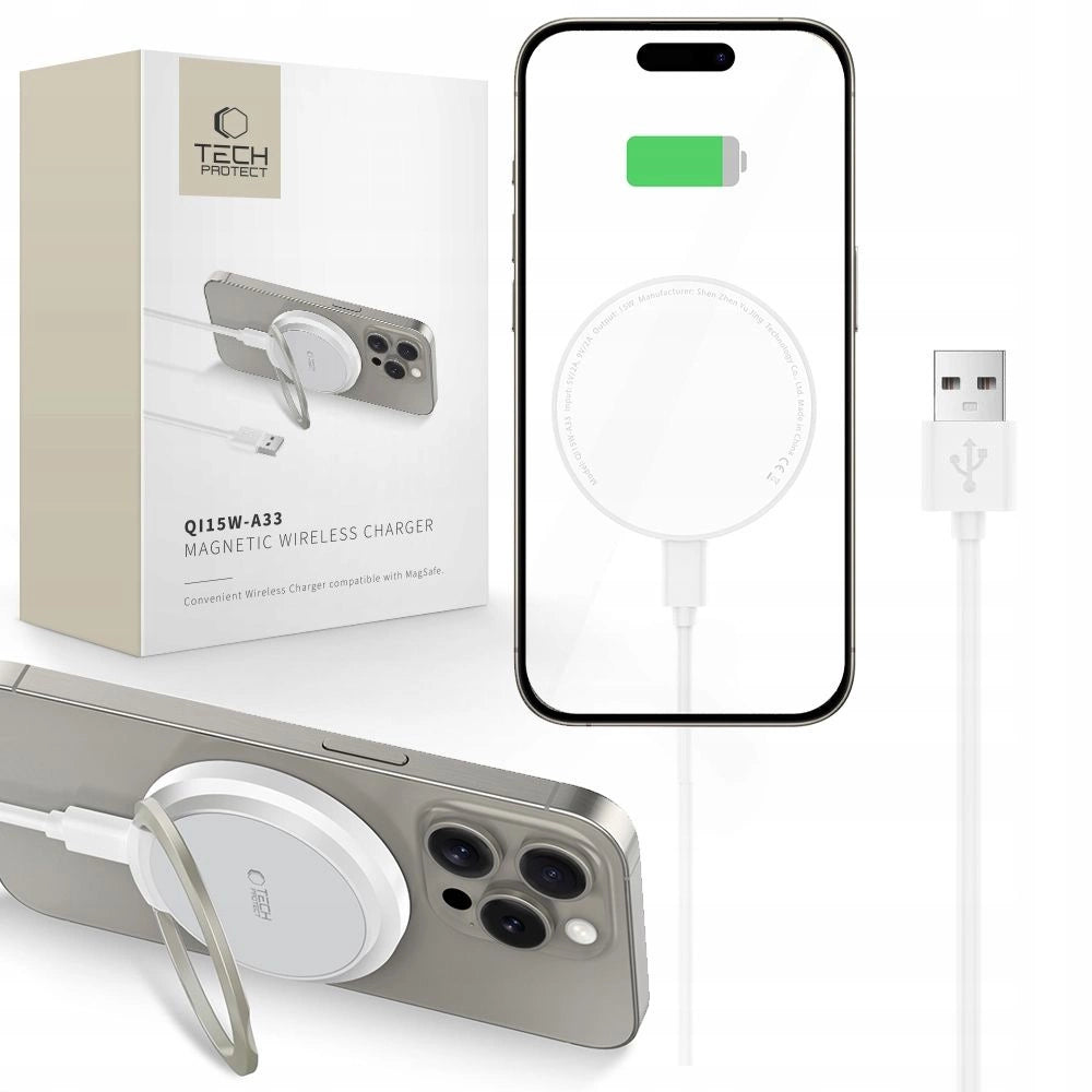 Tech-Protect QI15W-A33 induktives Ladegerät mit MagSafe und Ständer mit USB-A/USB-C-Kabel – Weiß