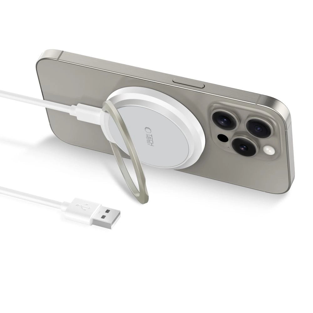 Tech-Protect QI15W-A33 induktives Ladegerät mit MagSafe und Ständer mit USB-A/USB-C-Kabel – Weiß