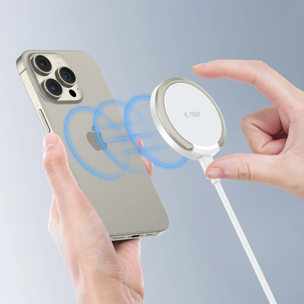 Tech-Protect QI15W-A33 induktives Ladegerät mit MagSafe und Ständer mit USB-A/USB-C-Kabel – Weiß