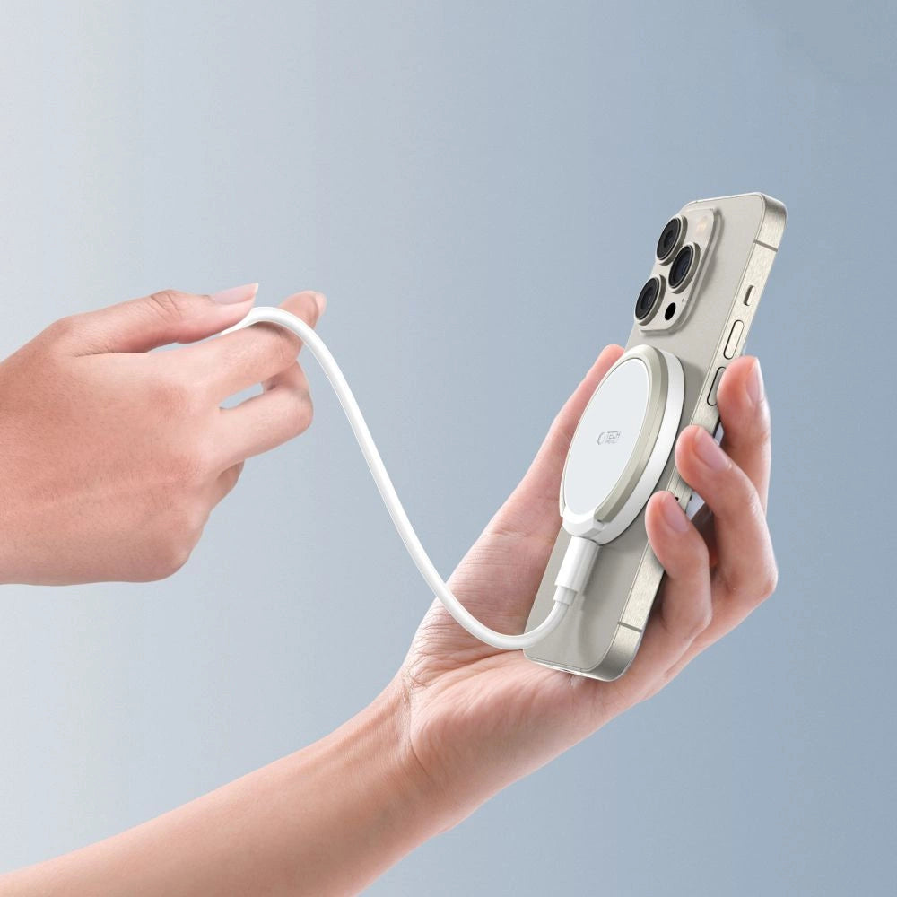 Tech-Protect QI15W-A33 induktives Ladegerät mit MagSafe und Ständer mit USB-A/USB-C-Kabel – Weiß