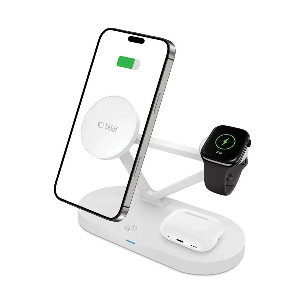 Tech-Protect QI15W-A41 3in1 kabelloses Ladegerät mit MagSafe für Apple -Geräte – Weiß