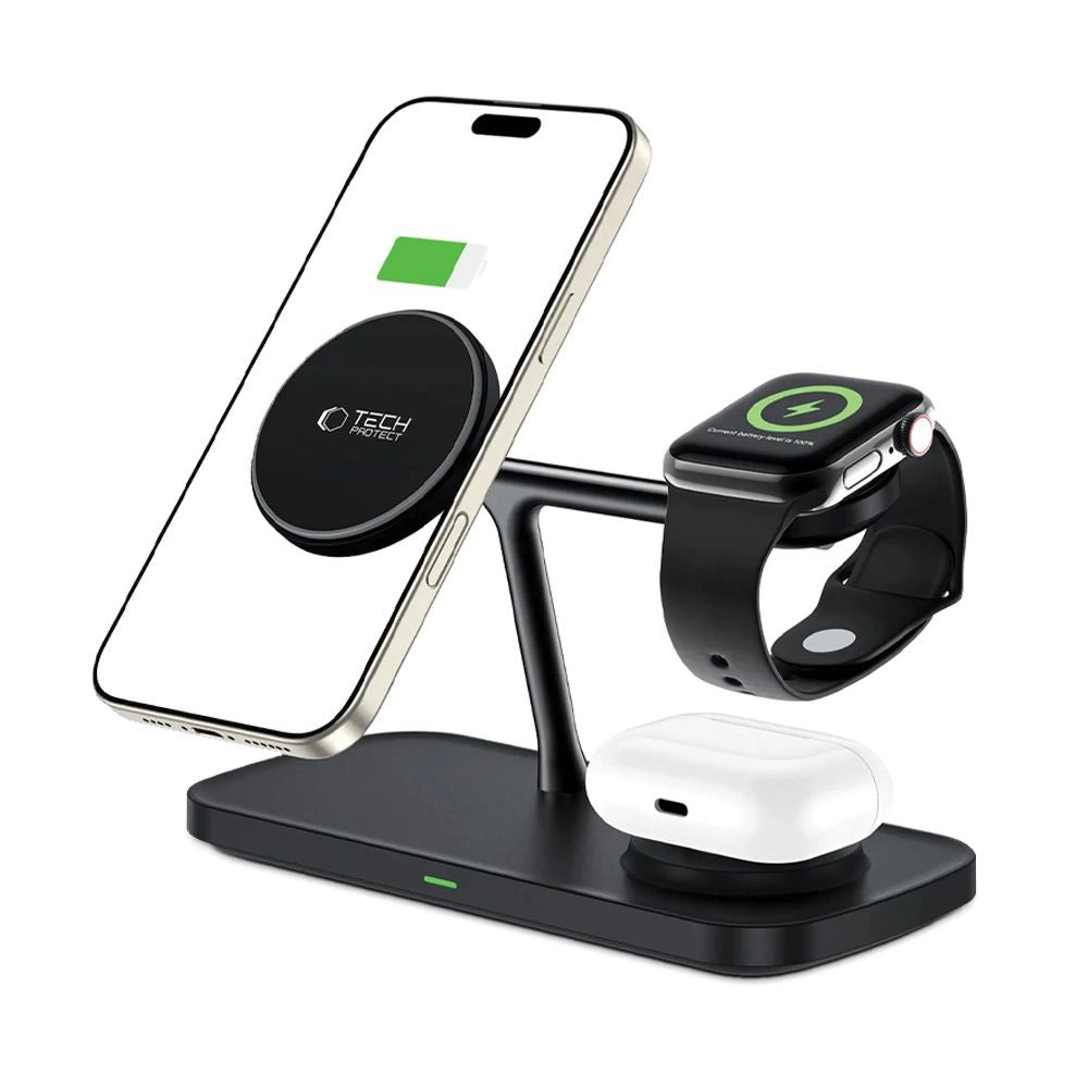 Tech-Protect QI15W-A45 3-in-1-Wireless-Ladegerät mit MagSafe für Apple -Geräte – Schwarz
