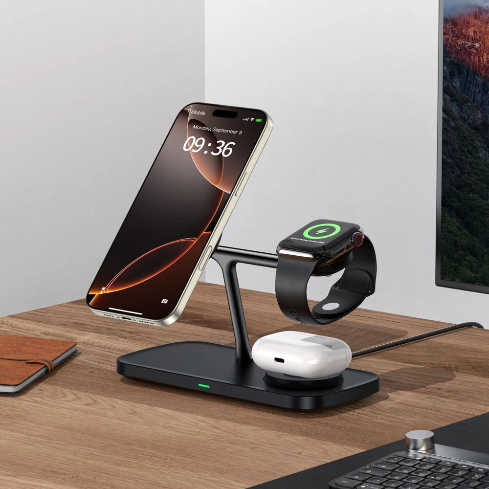 Tech-Protect QI15W-A45 3-in-1-Wireless-Ladegerät mit MagSafe für Apple -Geräte – Schwarz