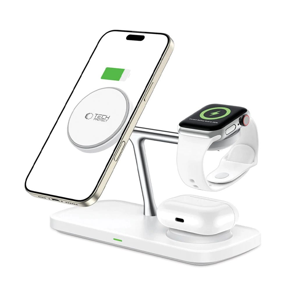Tech-Protect QI15W-A45 3in1 kabelloses Ladegerät mit MagSafe für Apple -Geräte – Weiß