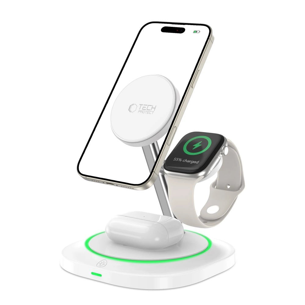 Tech-Protect QI15W-A46 3in1 Magnetisches MagSafe Induktives Ladegerät - Weiß