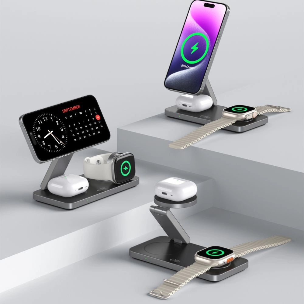 Tech-Protect QI15W-A47 MagSafe 3in1 Induktives Ladegerät + USB-C Kabel - Schwarz