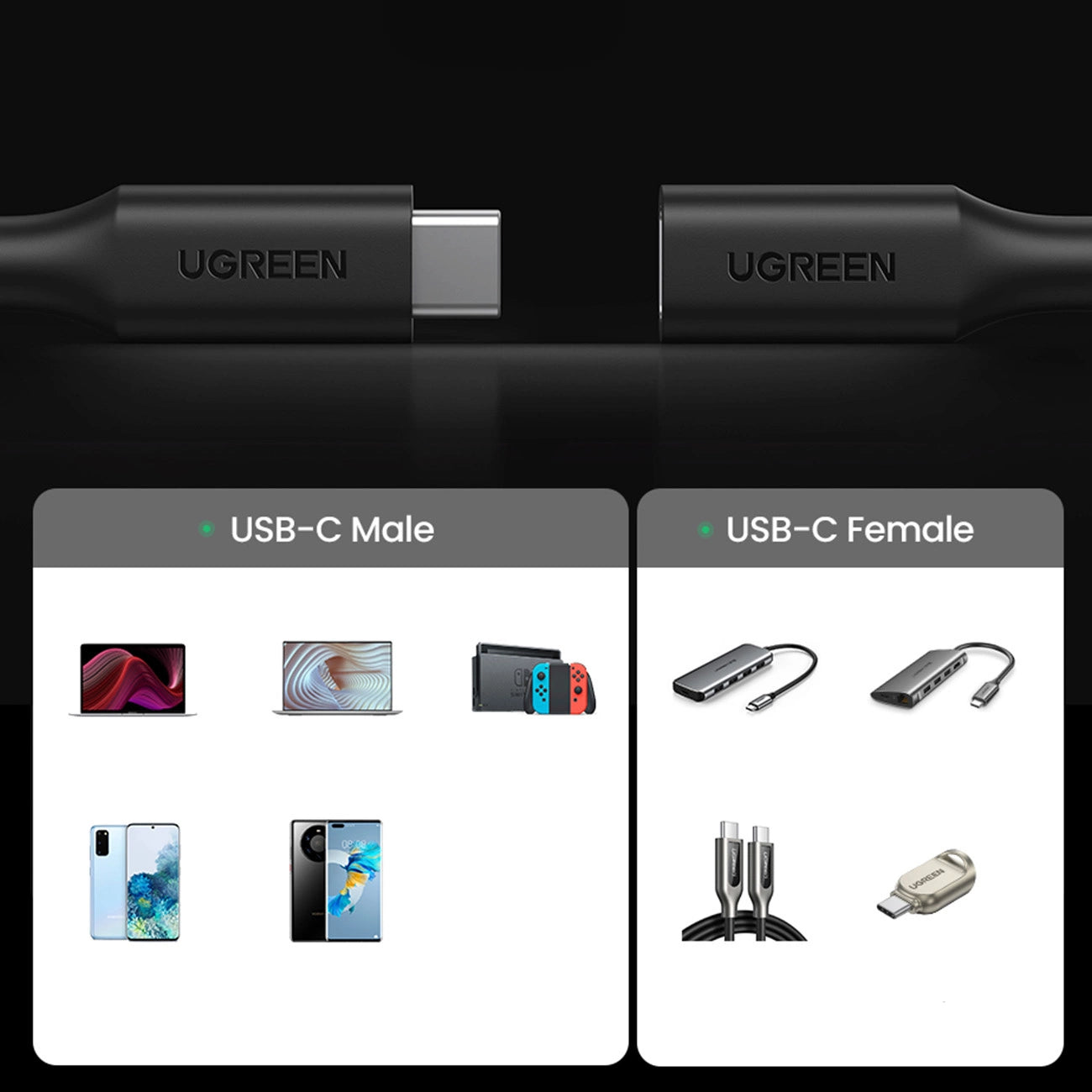 Ugreen 10387 USB-C - USB-C PD QC-Kabel 4K 60Hz 100W 5A 10Gb/s 1m - Schwarz