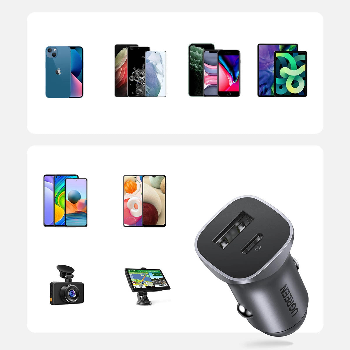 Ugreen CD130 USB-A / USB-C 30W Autoladegerät - Grau