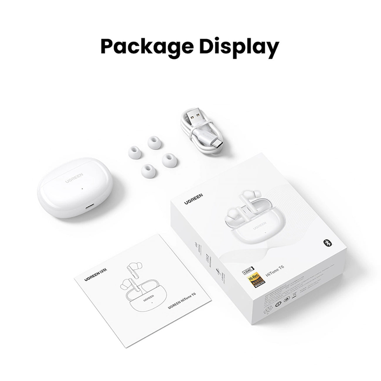 Ugreen HiTune T6 kabellose Kopfhörer mit ANC-Funktion + USB-A – USB-C-Kabel – Weiß