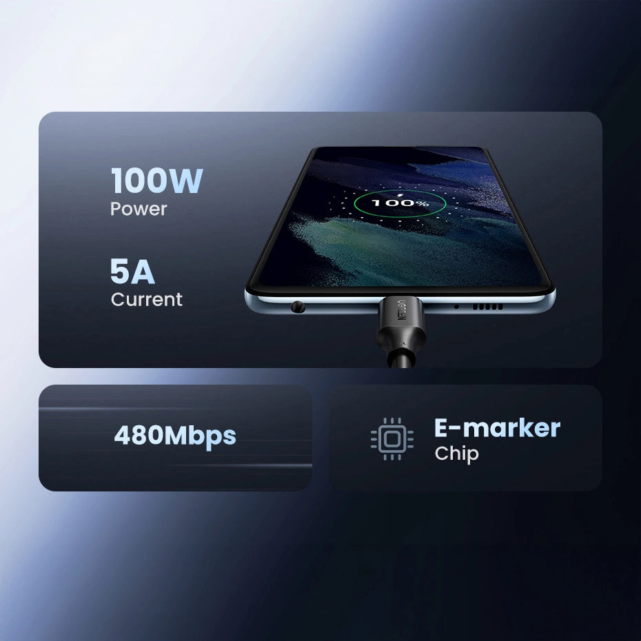 Ugreen US562 USB-C – USB-C PD QC-Kabel 100 W 5 A 480 Mbit/s 1,5 m – Schwarz