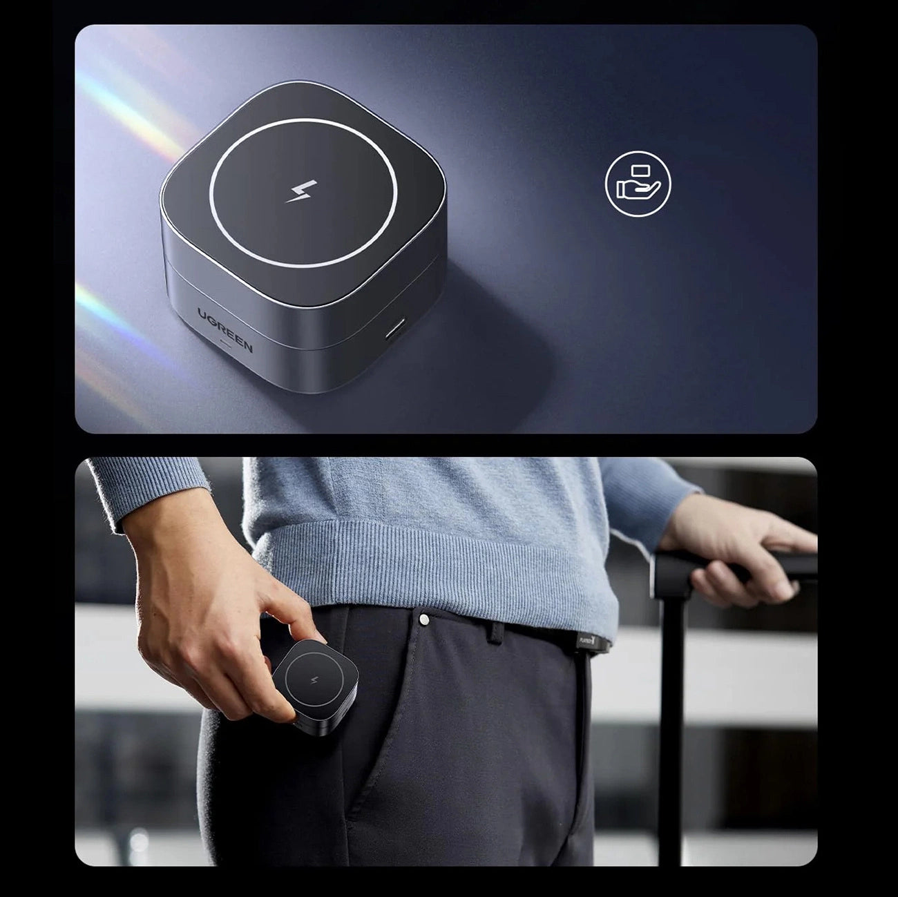 Ugreen W526 induktives 3in1 MagSafe/Qi-Ladegerät für Telefon/Kopfhörer mit USB-C-Anschluss – Schwarz