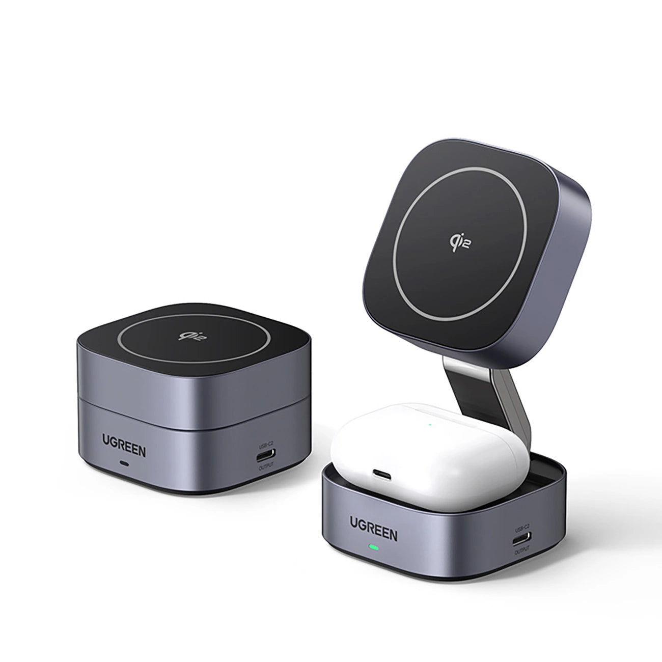 Ugreen W702 3in1 induktives Ladegerät mit MagSafe/Qi2 und USB-C-Anschluss für Telefon/Kopfhörer – Schwarz