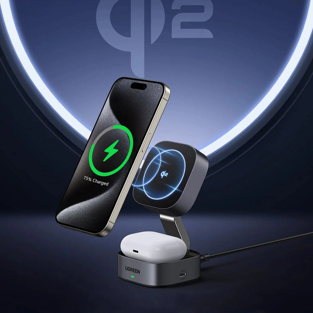Ugreen W702 3in1 induktives Ladegerät mit MagSafe/Qi2 und USB-C-Anschluss für Telefon/Kopfhörer – Schwarz