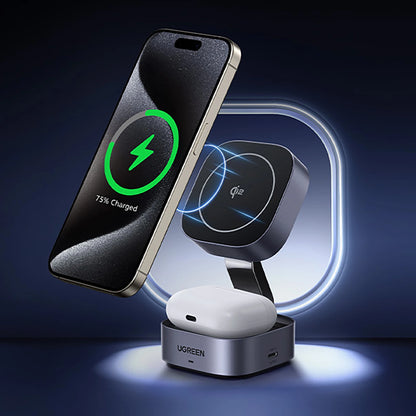 Ugreen W702 3in1 induktives Ladegerät mit MagSafe/Qi2 und USB-C-Anschluss für Telefon/Kopfhörer – Schwarz
