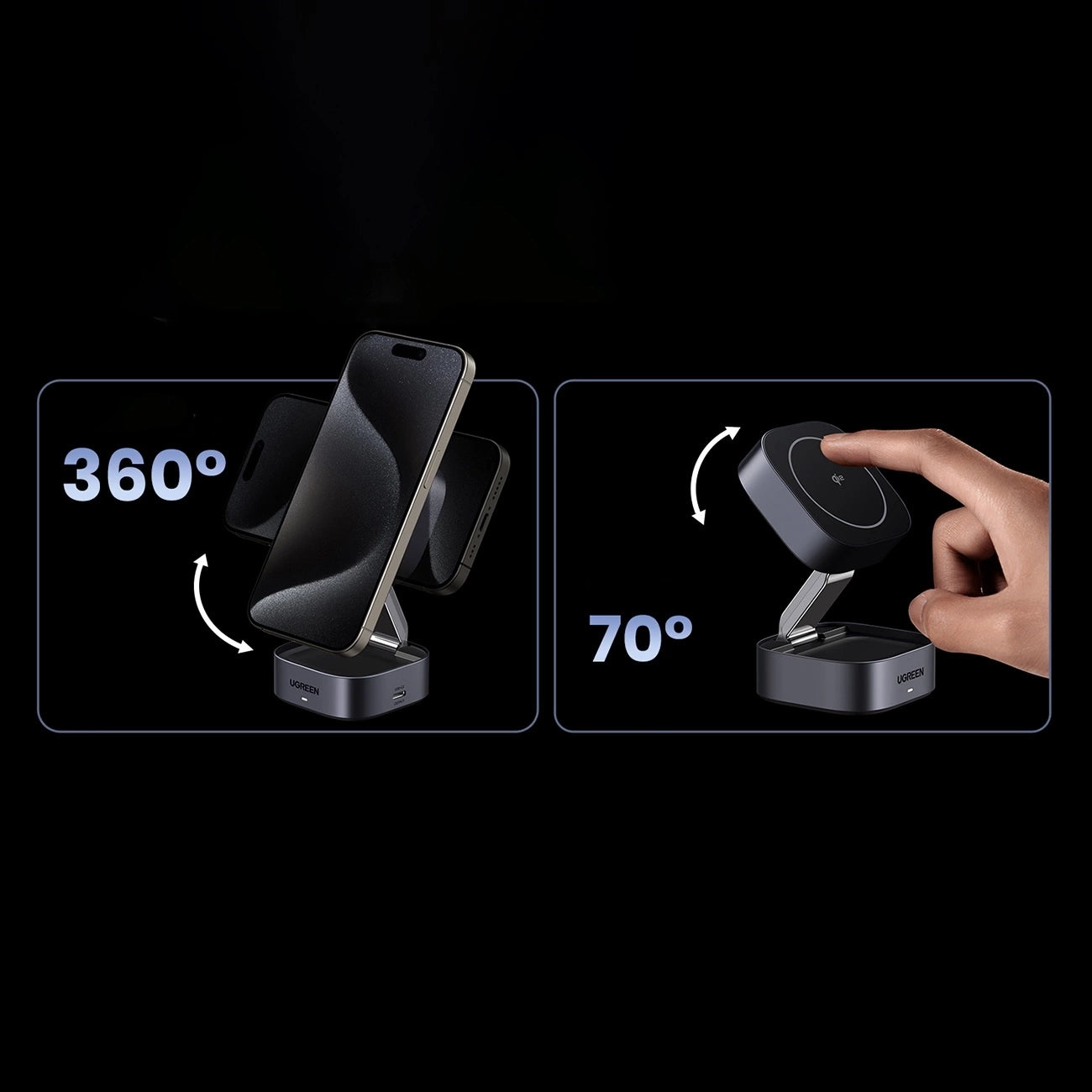 Ugreen W702 3in1 induktives Ladegerät mit MagSafe/Qi2 und USB-C-Anschluss für Telefon/Kopfhörer – Schwarz