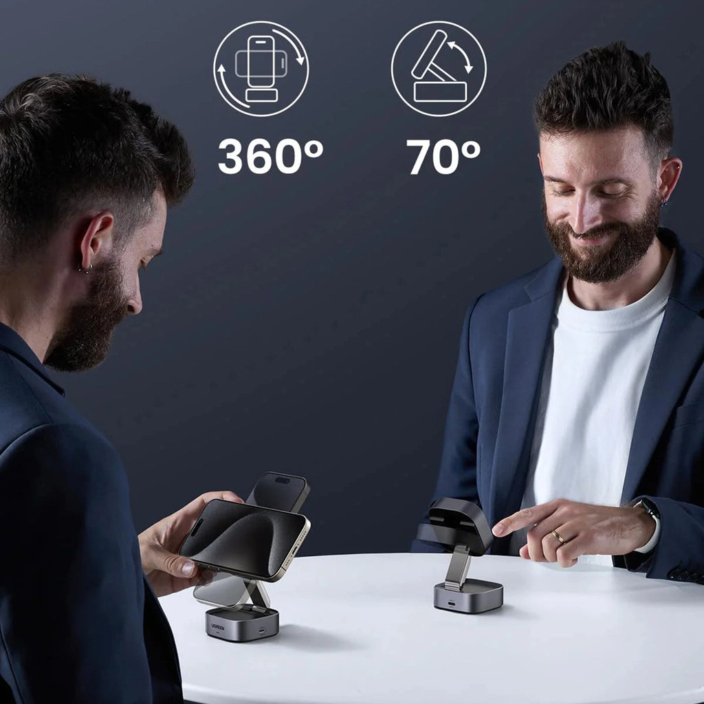 Ugreen W702 3in1 induktives Ladegerät mit MagSafe/Qi2 und USB-C-Anschluss für Telefon/Kopfhörer – Schwarz