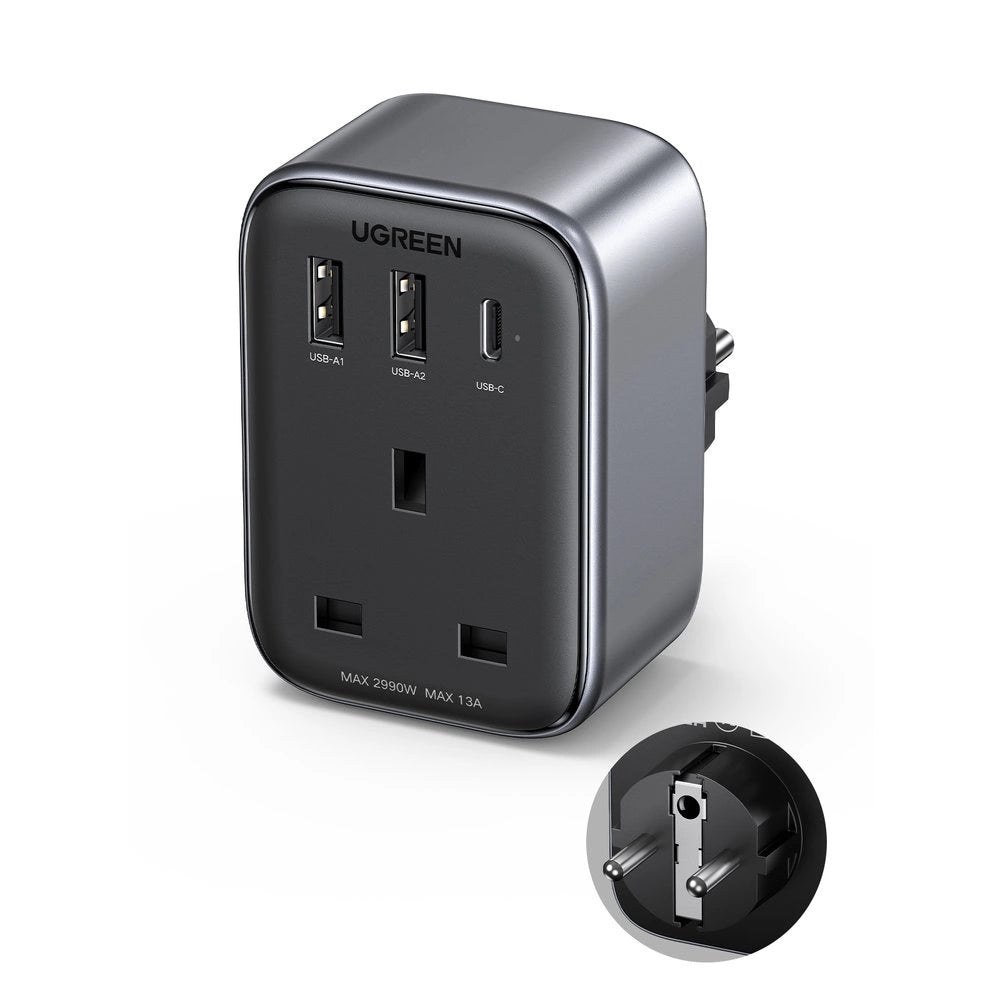 Wandladegerät 30 W (2xUSB/USB C/AC) / UK – EU-Adapter 13 A Ugreen CD314 – Schwarz