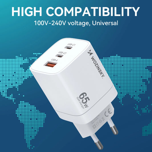Wozinsky CGWCW 65W GaN Wandladegerät USB-A / 2 x USB-C - Weiß