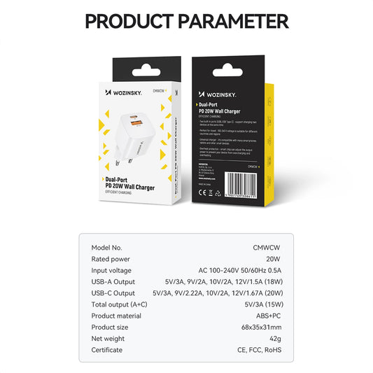 Wozinsky CMWCW 20W USB-C / USB-A Wandladegerät - Weiß