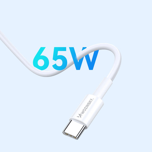 Wozinsky GaN 65W Ladegerät mit USB-A 2xUSB-C Anschlüssen mit 65W USB-C Kabel - Weiß