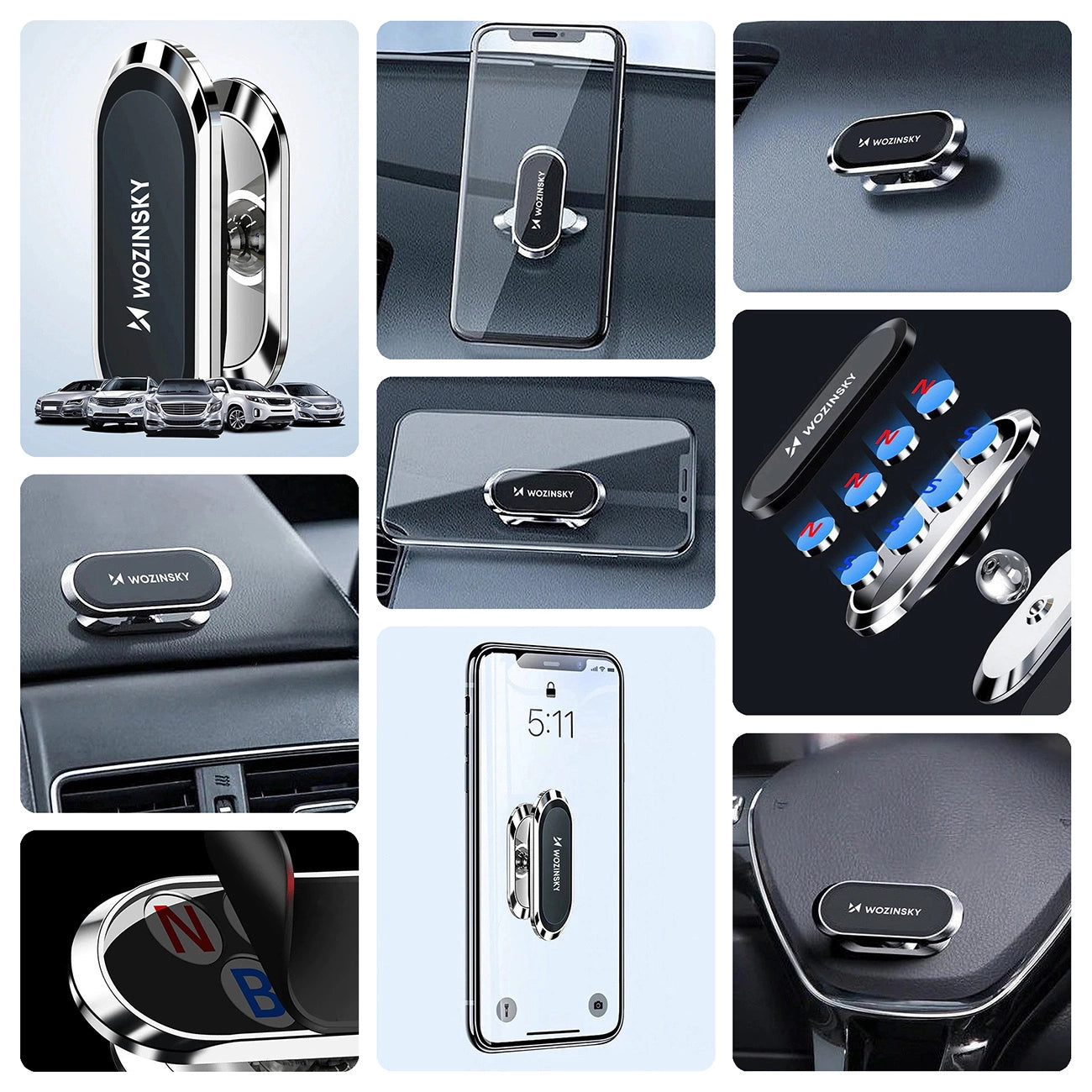Wozinsky Selbstklebende magnetische Autohalterung 360 für Armaturenbrett Silber (WMH-06)