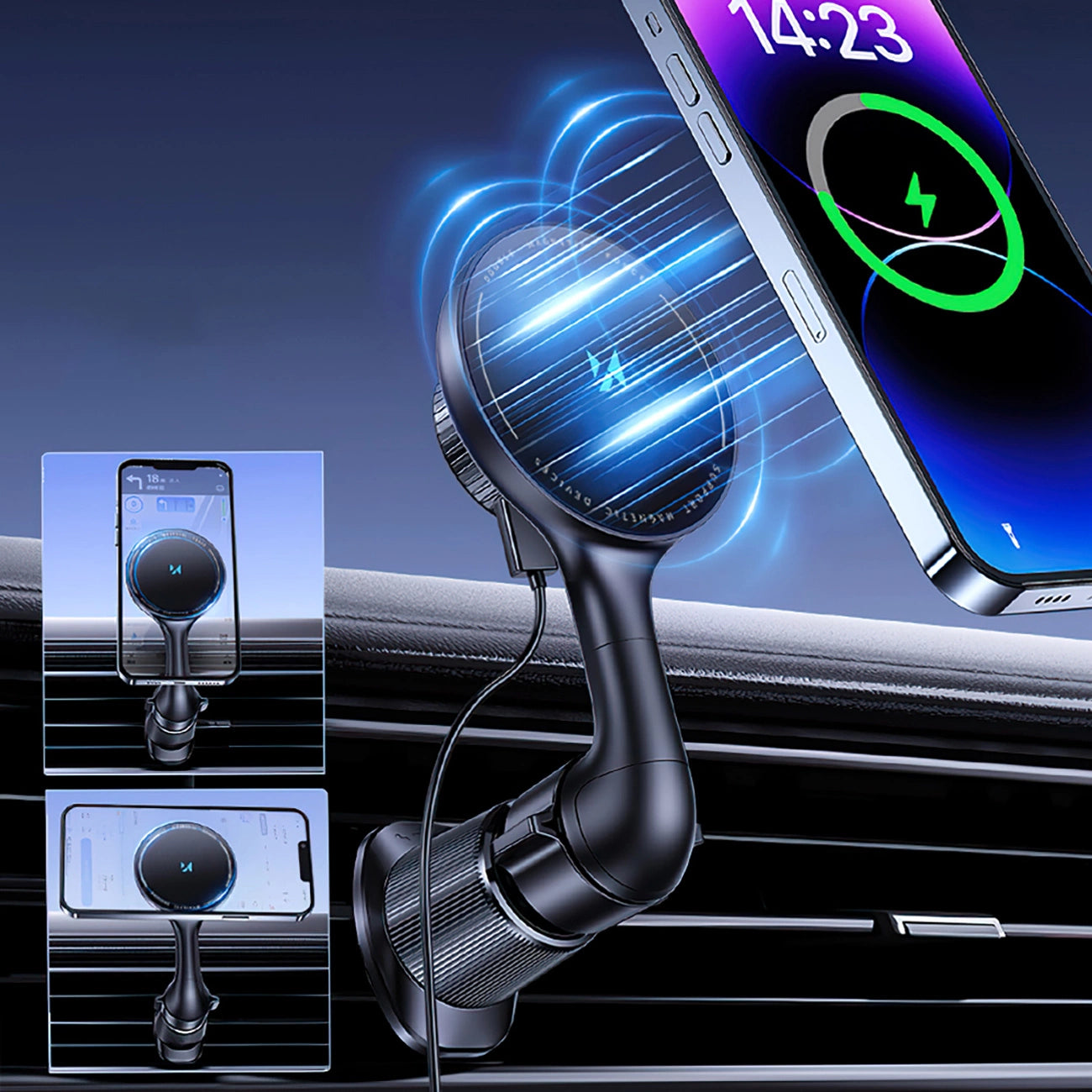 Wozinsky WCT5-6S4Y Autohalterung mit Qi/MagSafe 15W induktivem Ladegerät für Lüftungsschlitze - Schwarz